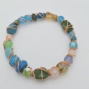 GEMSTONE Bracelet Adventurine Lace Agate Blue Rose Quartz Citrine Copper Wire 7"